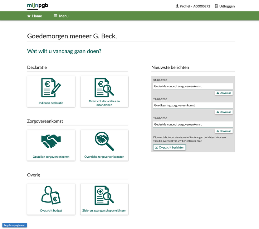 Screenshot startpagina budgethouders PGB Portaal