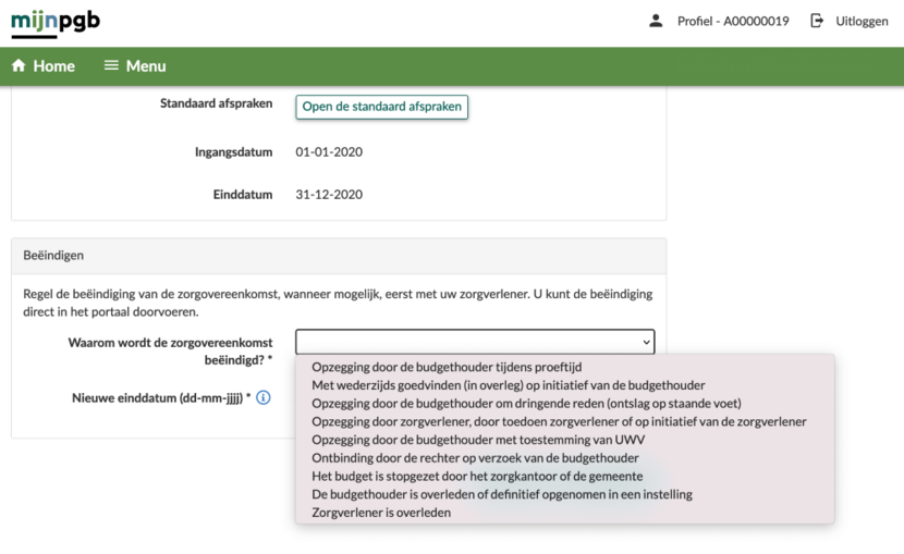 Beeindiging zorgovereenkomst printscreen